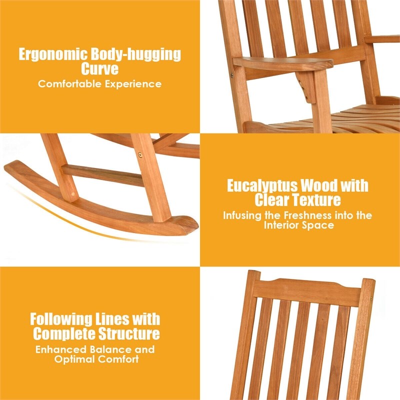 3 PCS Eucalyptus Rocking Chair Set W/ Coffee Table  and 2 Wood Chairs Natural