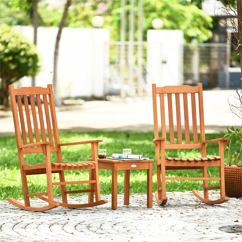 3 PCS Eucalyptus Rocking Chair Set W/ Coffee Table  and 2 Wood Chairs Natural