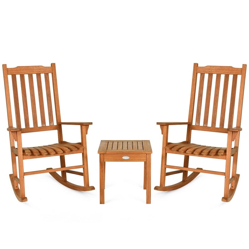 3 PCS Eucalyptus Rocking Chair Set W/ Coffee Table  and 2 Wood Chairs Natural