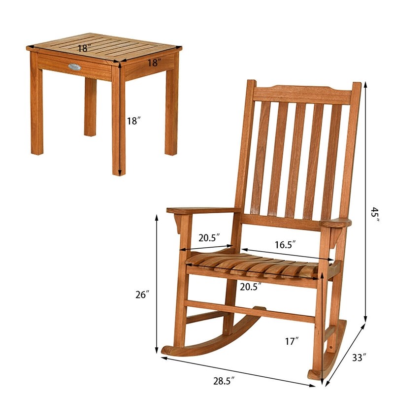 3 PCS Eucalyptus Rocking Chair Set W/ Coffee Table  and 2 Wood Chairs Natural