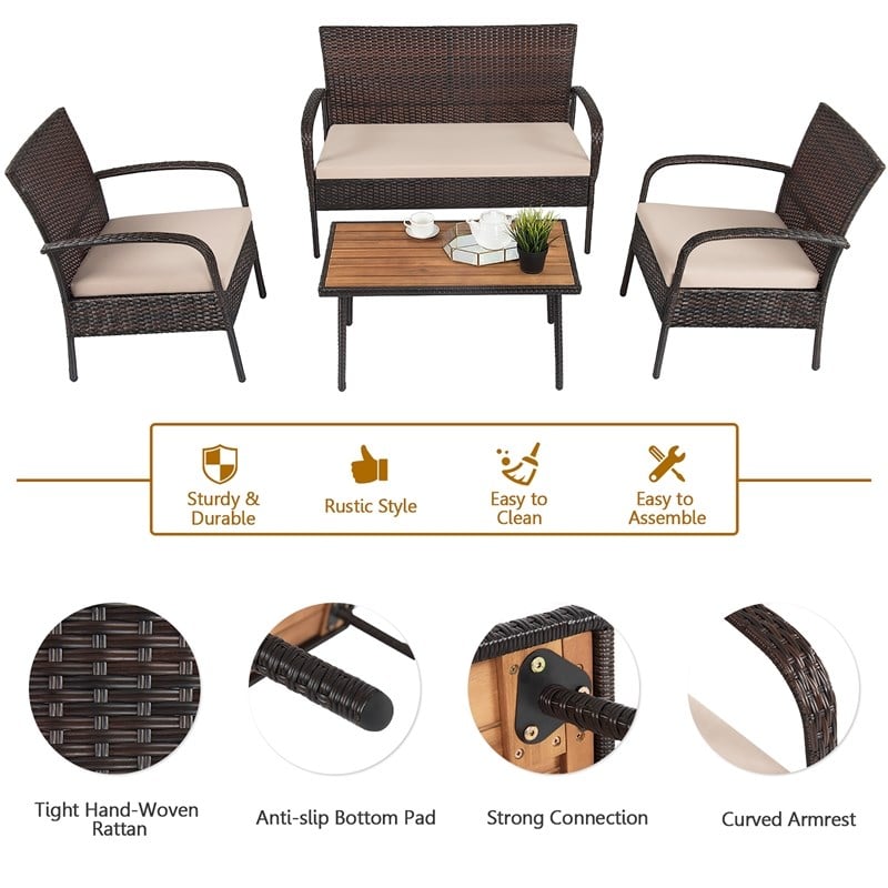 4PCS Patio Rattan Furniture Conversation Set Brown