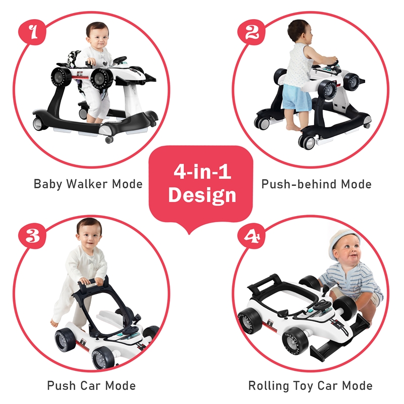 4-in-1 Baby Walker Foldable Activity Push Walker Adjustable White