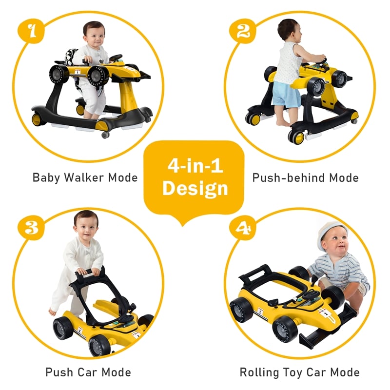 4-in-1 Baby Walker Foldable Activity Push Walker Adjustable Yellow