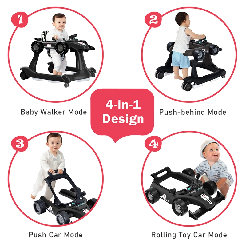 4-in-1 Baby Walker Foldable Activity Push Walker Adjustable Black