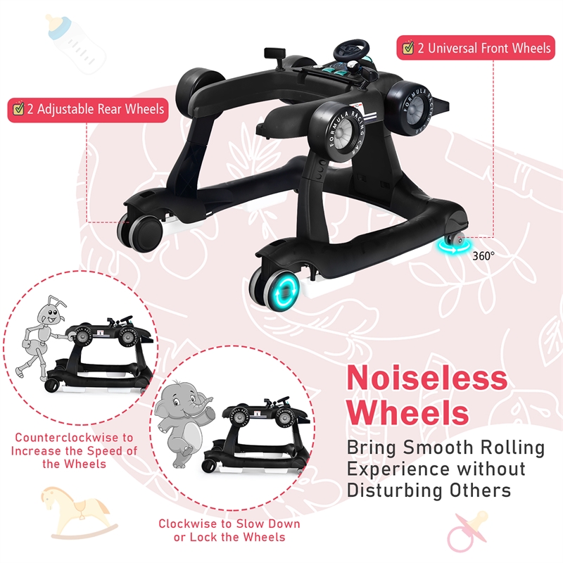 4-in-1 Baby Walker Foldable Activity Push Walker Adjustable Black