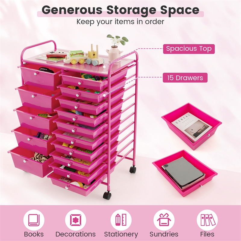 15 Drawer Rolling Storage Cart Mobile Cart Organizer Hot Pink