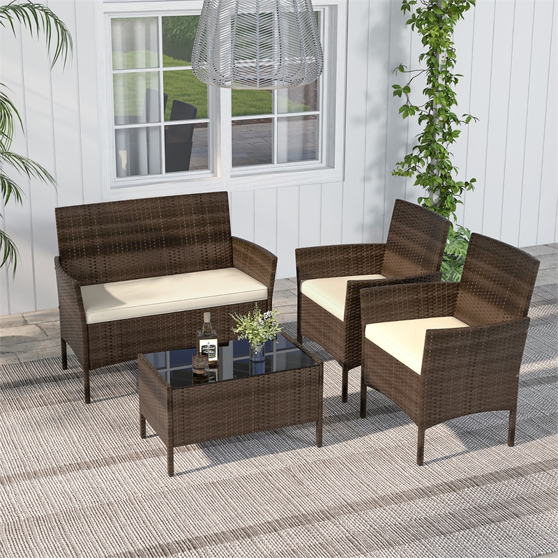 4 PCS Patio Furniture Set with Tempered Glass Coffee Table Beige