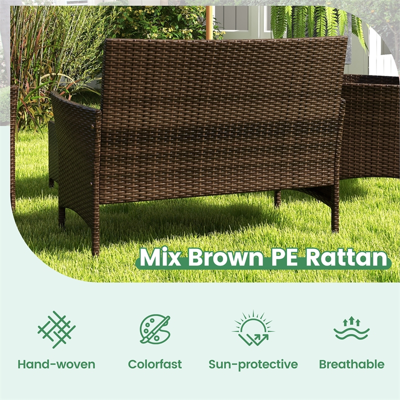 4 PCS Patio Furniture Set with Tempered Glass Coffee Table Beige