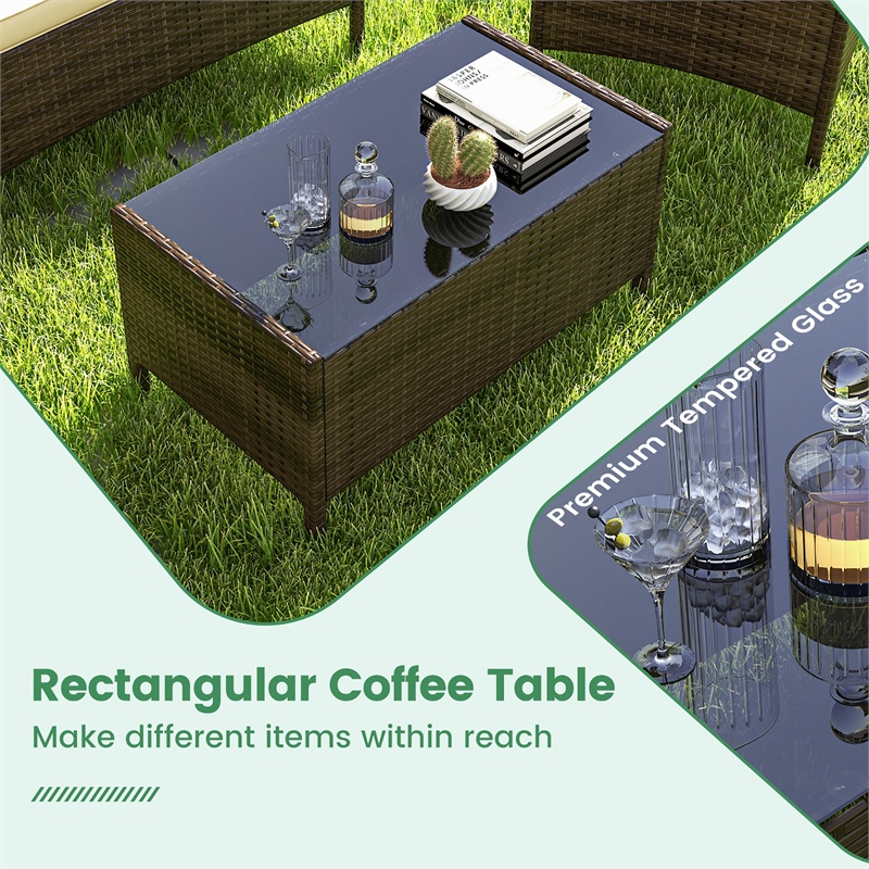 4 PCS Patio Furniture Set with Tempered Glass Coffee Table Beige