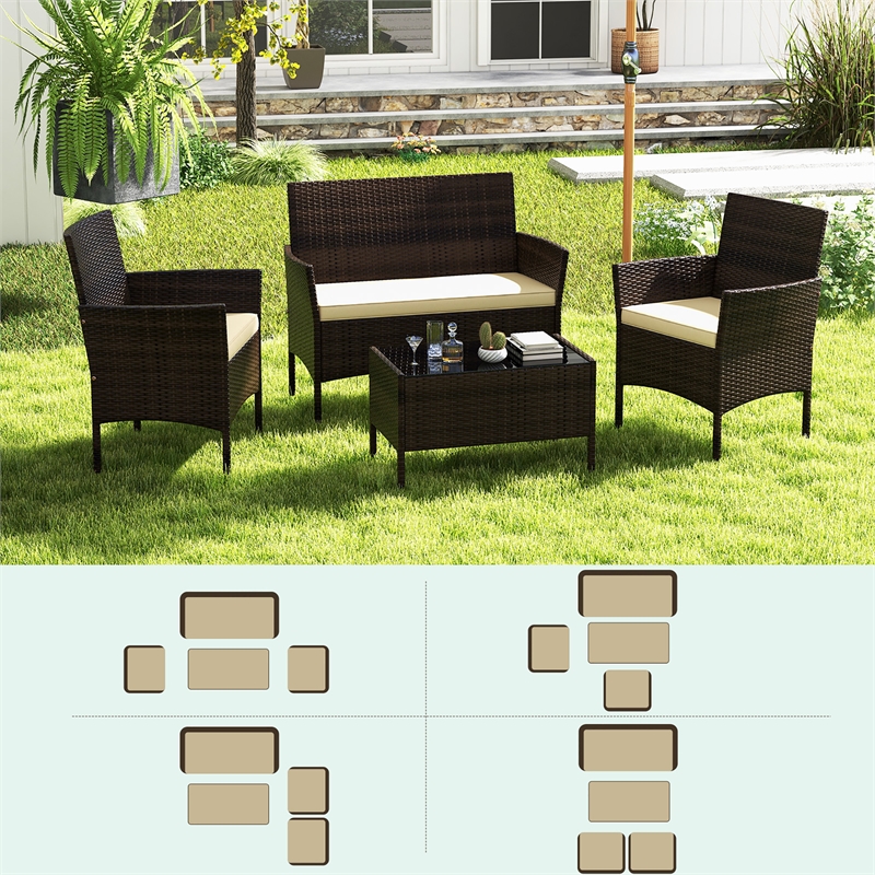 4 PCS Patio Furniture Set with Tempered Glass Coffee Table Beige