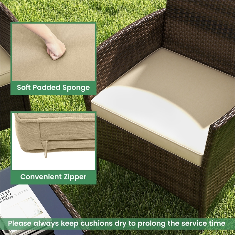 4 PCS Patio Furniture Set with Tempered Glass Coffee Table Beige
