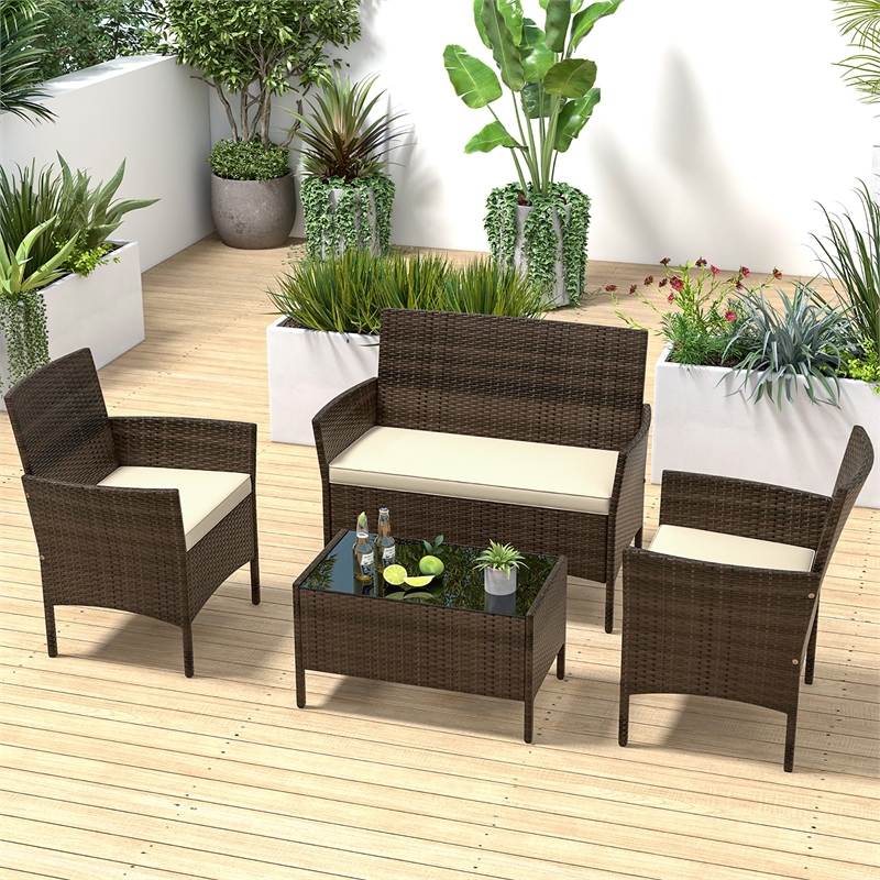 4 PCS Patio Furniture Set with Tempered Glass Coffee Table Beige