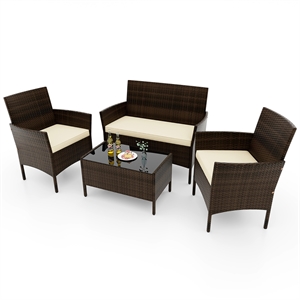 4 PCS Patio Furniture Set with Tempered Glass Coffee Table Beige