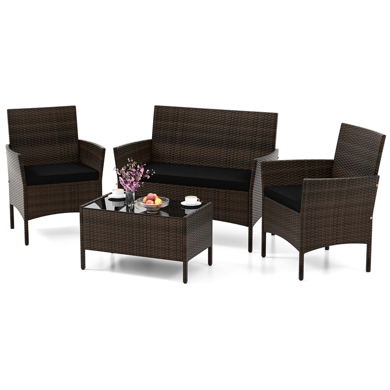 4 PCS Patio Furniture Set with Tempered Glass Coffee Table Black