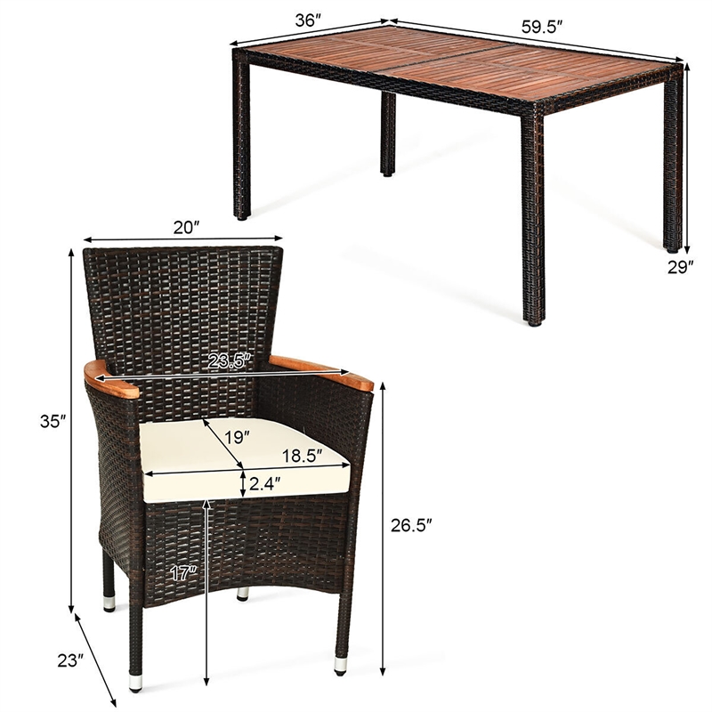 7PCS Patio Rattan Dining Set 6 Stackable Chairs Cushioned Brown