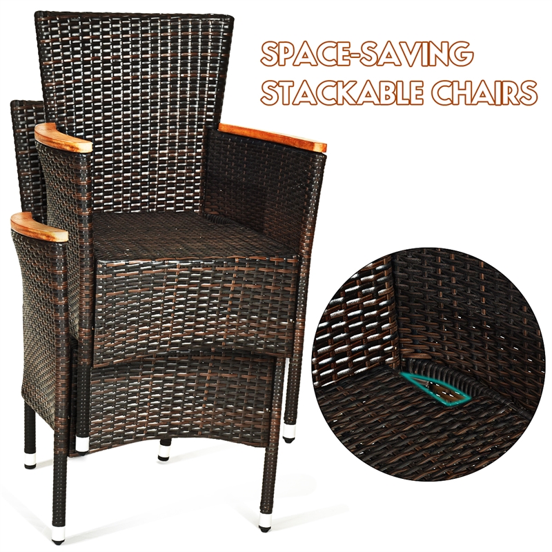 7PCS Patio Rattan Dining Set 6 Stackable Chairs Cushioned Brown