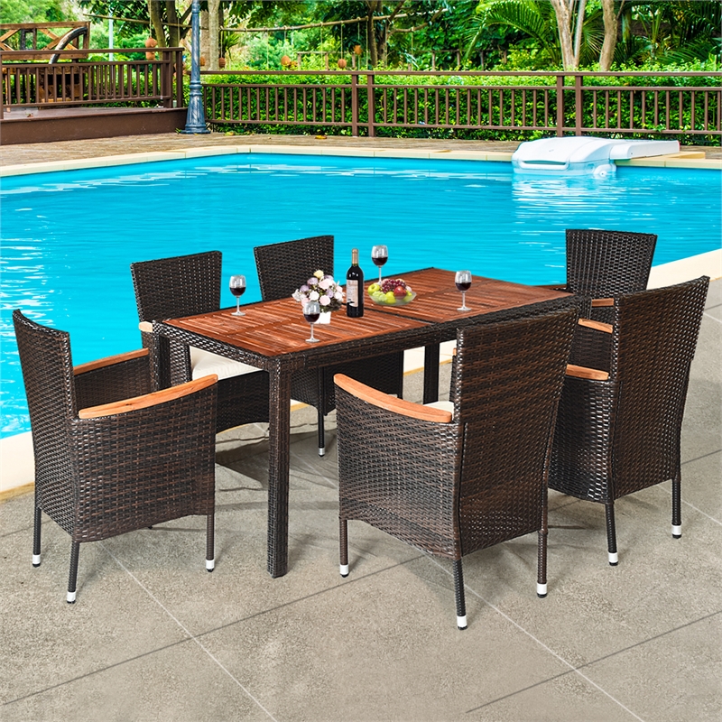 7PCS Patio Rattan Dining Set 6 Stackable Chairs Cushioned Brown