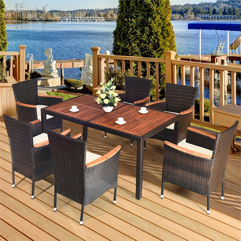 7PCS Patio Rattan Dining Set 6 Stackable Chairs Cushioned Brown