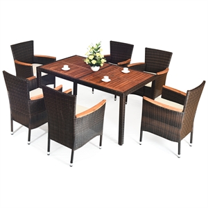7PCS Patio Rattan Dining Set 6 Stackable Chairs Cushioned Brown