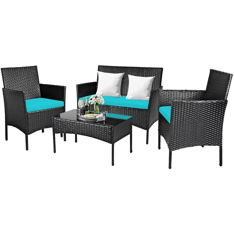 4PCS Patio Rattan Furniture Set Cushioned Sofa Turquoise