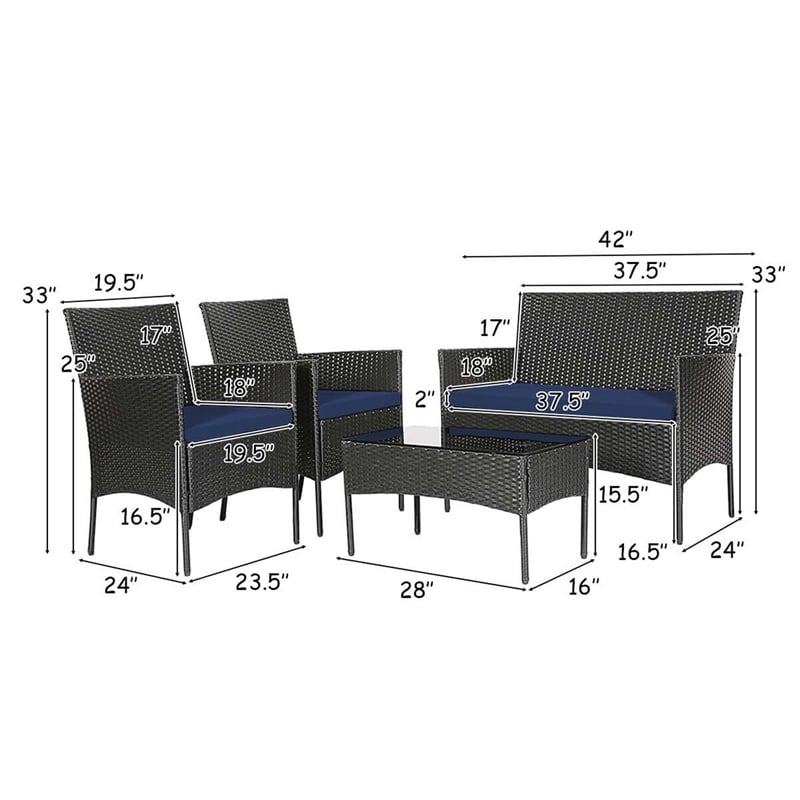 4PCS Patio Rattan Furniture Set Cushioned Sofa Navy