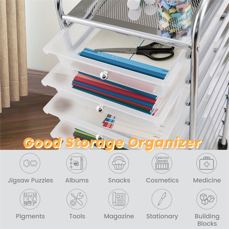 10 Drawer Rolling Storage Cart Paper Office School Organizer Clear
