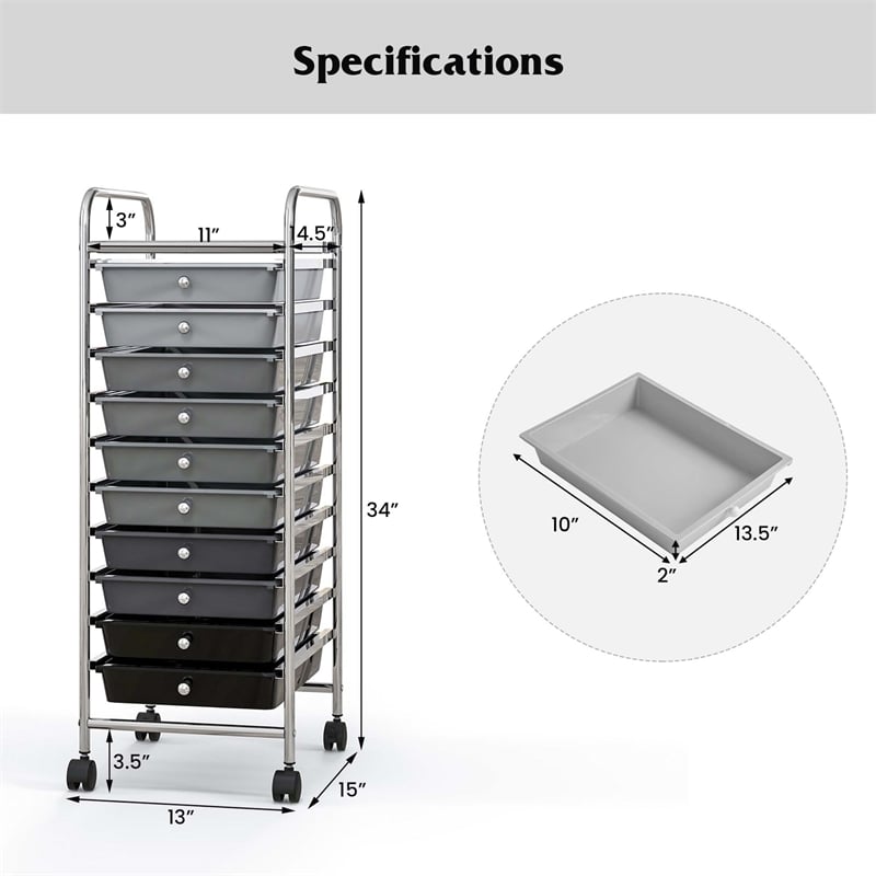 10 Drawer Rolling Storage Cart Paper Office School Organizer Black