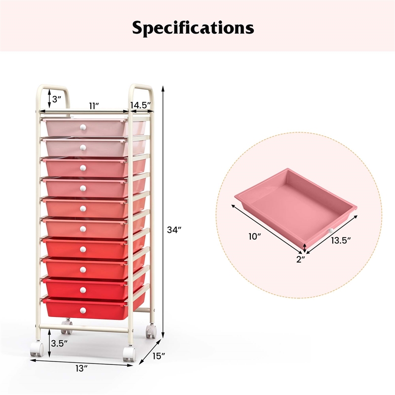 10 Drawer Rolling Storage Cart Paper Office School Organizer Pink