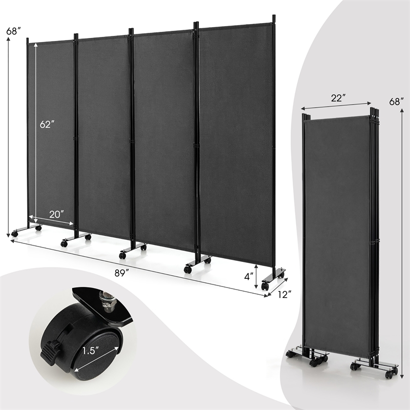4 Panel Folding Room Divider 6FT Rolling Privacy Screen Gray
