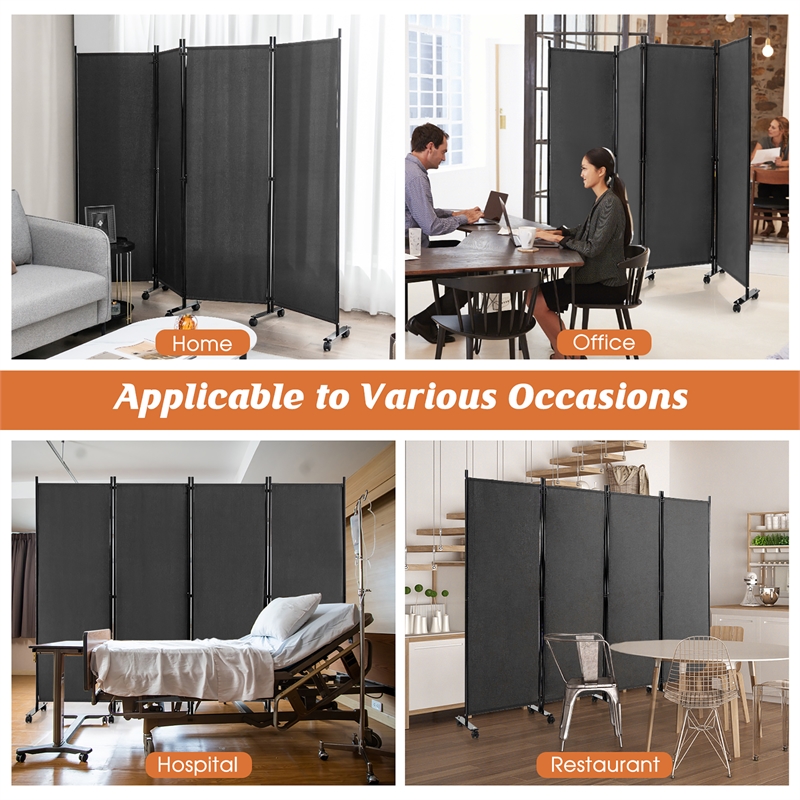 4 Panel Folding Room Divider 6FT Rolling Privacy Screen Gray