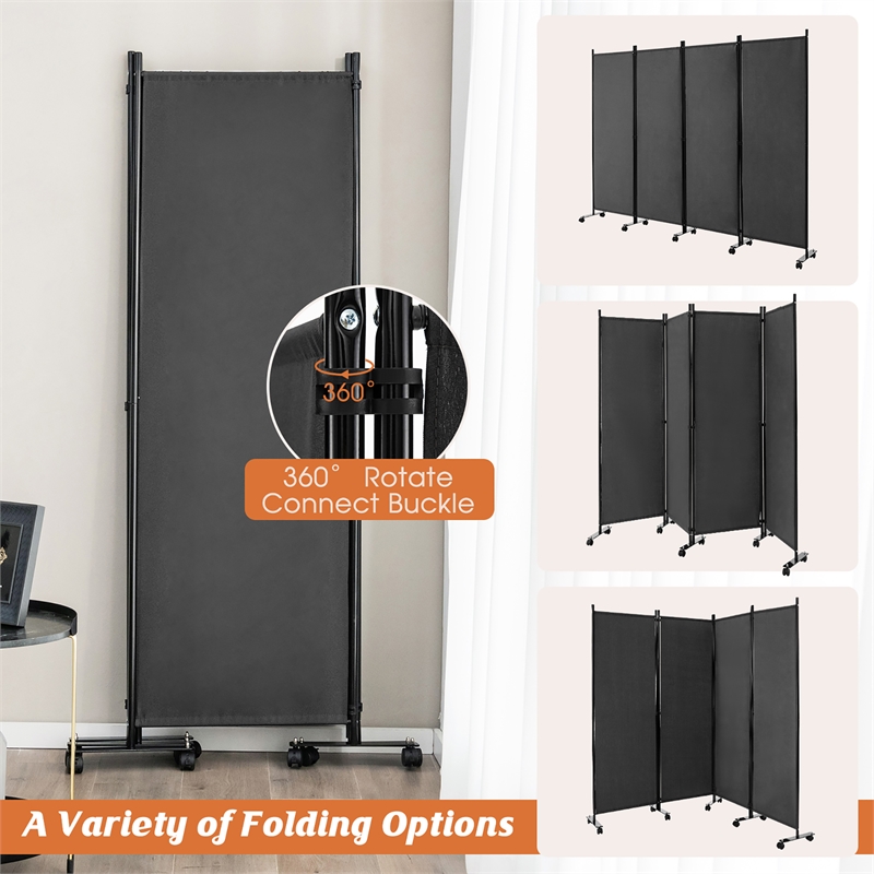 4 Panel Folding Room Divider 6FT Rolling Privacy Screen Gray