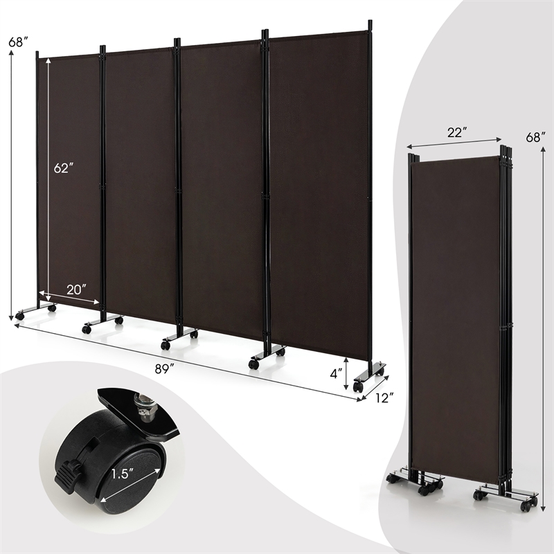4 Panel Folding Room Divider 6FT Rolling Privacy Screen Brown