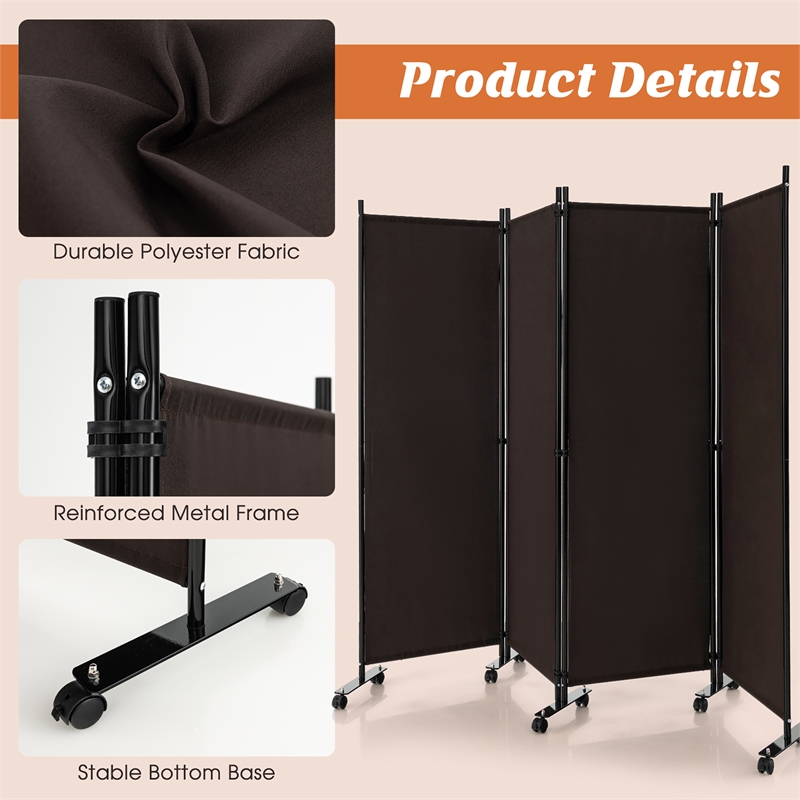 4 Panel Folding Room Divider 6FT Rolling Privacy Screen Brown