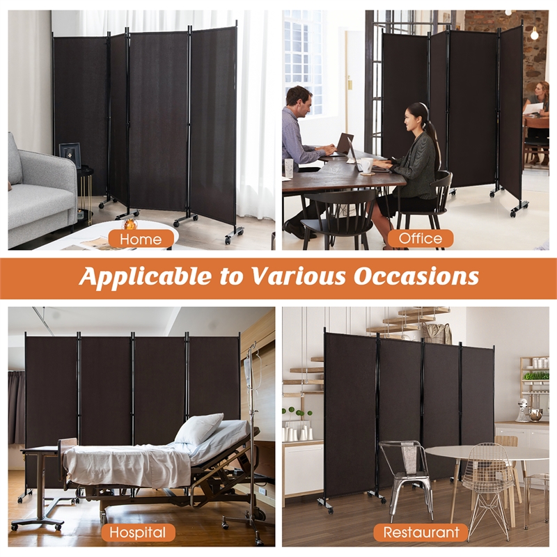 4 Panel Folding Room Divider 6FT Rolling Privacy Screen Brown