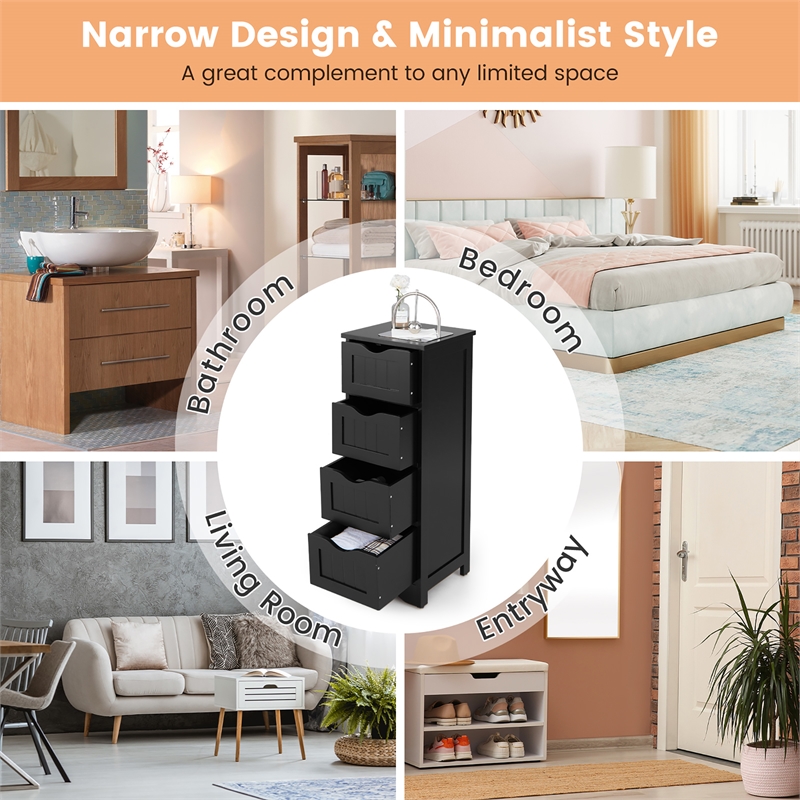 4 Drawer Bathroom Floor Cabinet Free Standing Storage Side Organizer Black