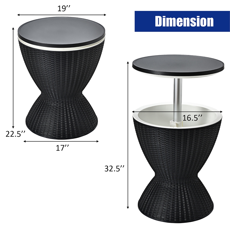 8 Gallon 3 in 1 Patio Rattan Cooler Bar Table Adjust Ice Bucket Black