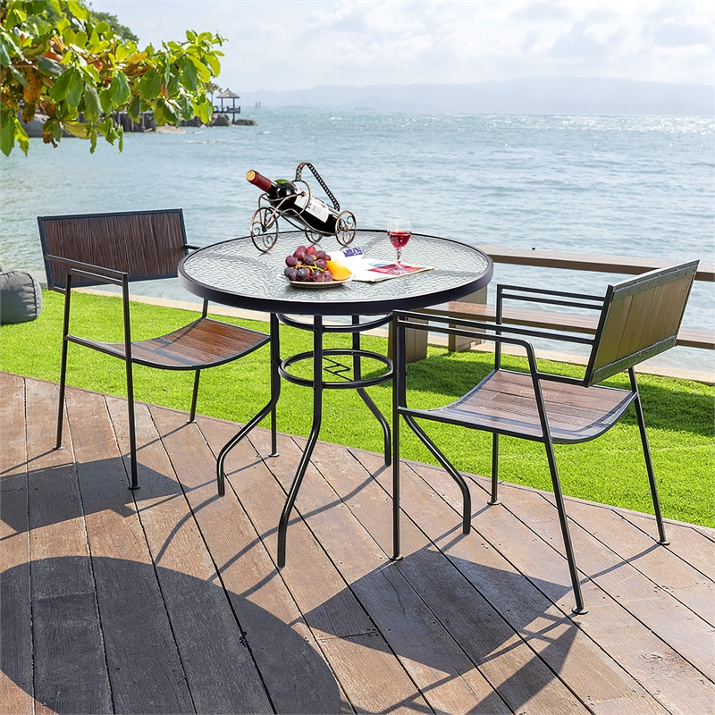 Patio Round Table Tempered Glass Steel Frame White