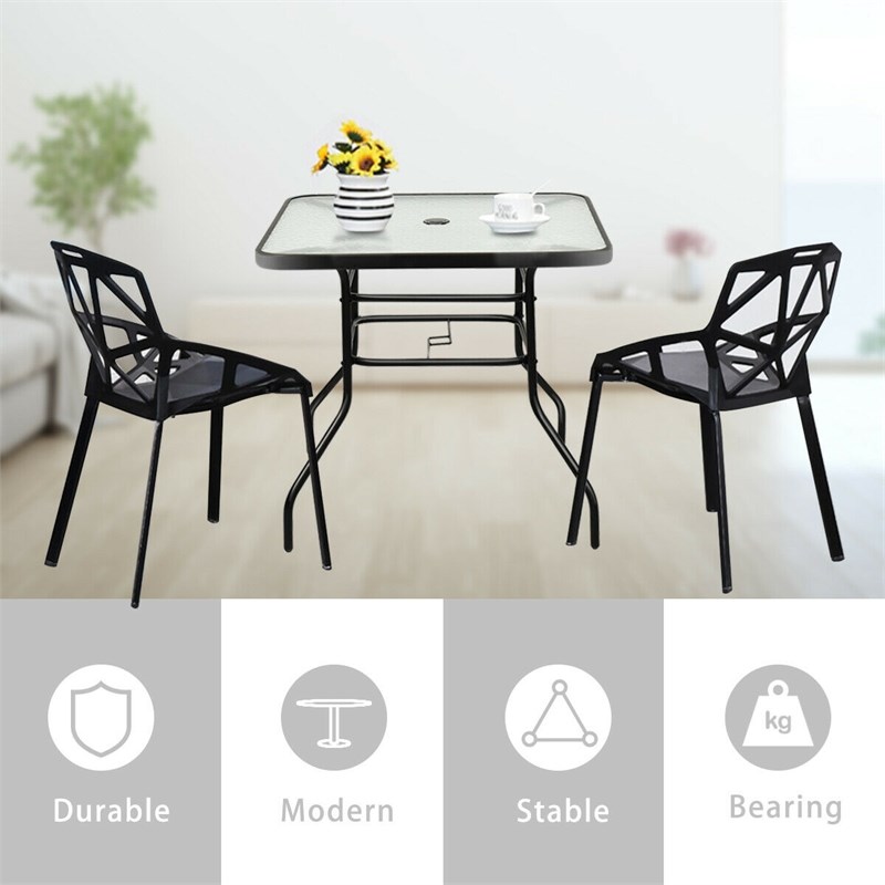 Patio Square Table Tempered Glass Steel Frame Outdoor Black