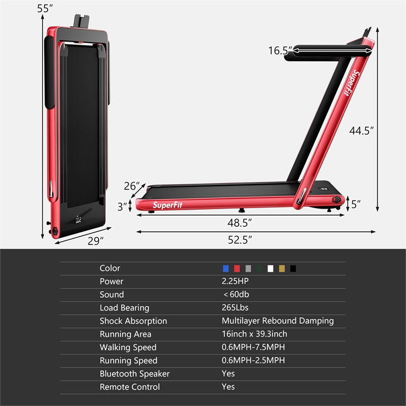SuperFit Up To 7.5MPH 2.25HP Single Display Screen Treadmill Red
