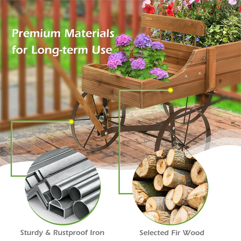 Garden Plant Planter Wooden Wagon Planter W/ Wheel Brown