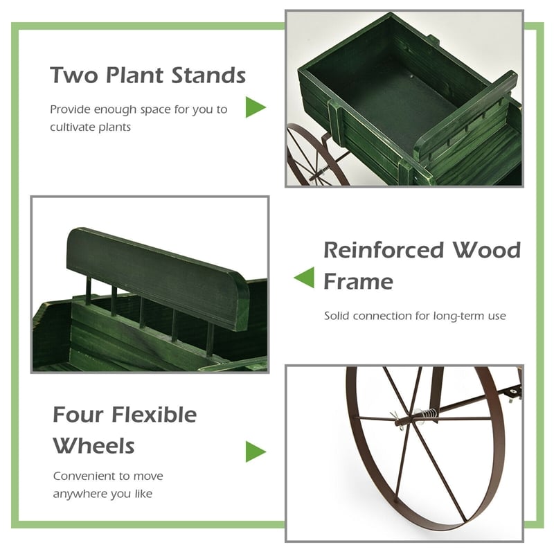 Garden Plant Planter Wooden Wagon Planter W/ Wheel Green
