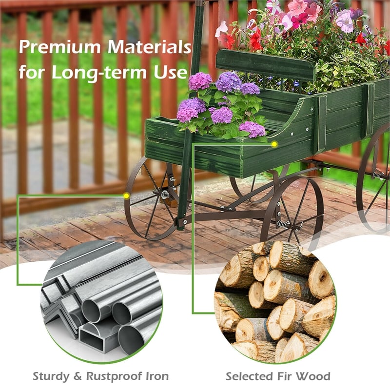 Garden Plant Planter Wooden Wagon Planter W/ Wheel Green