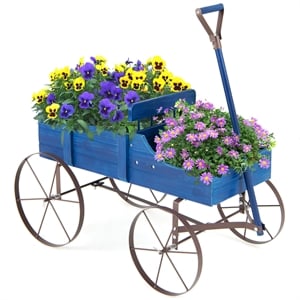 Garden Plant Planter Wooden Wagon Planter W/ Wheel Blue