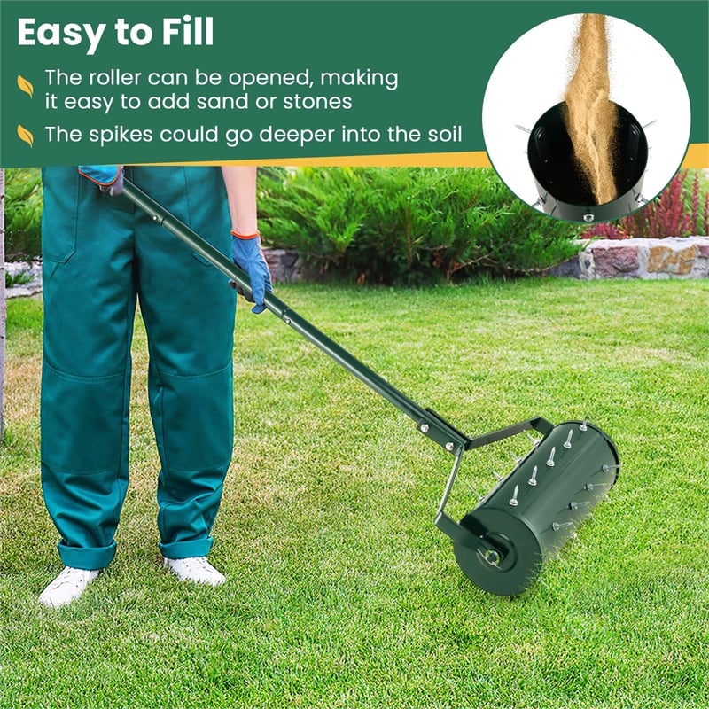 18 inch Manual Lawn Aerator Heavy Duty Rolling Grass Green