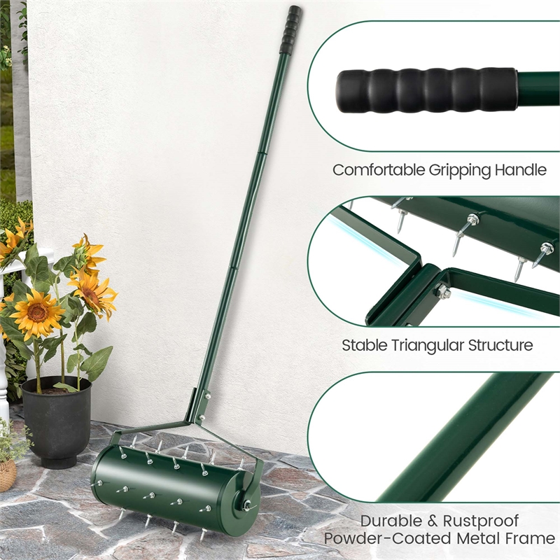 18 inch Manual Lawn Aerator Heavy Duty Rolling Grass Green