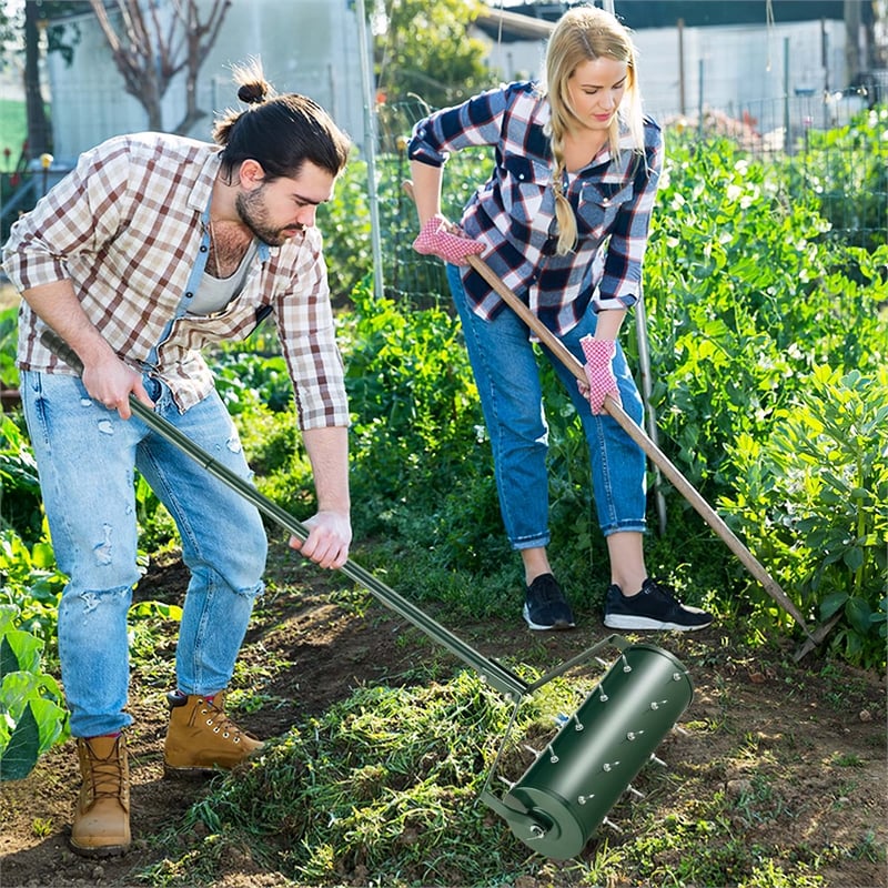 18 inch Manual Lawn Aerator Heavy Duty Rolling Grass Green