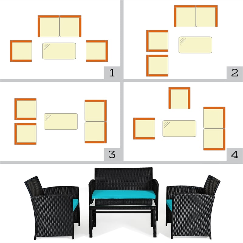 4PCS Patio Rattan Furniture Conversation Set Garden Turquoise