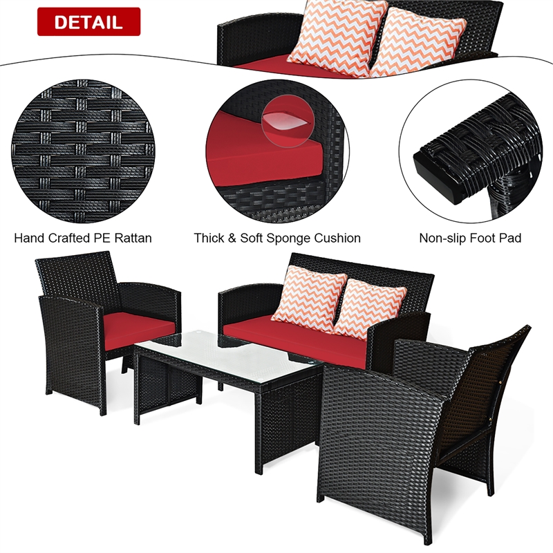 4PCS Patio Rattan Furniture Conversation Set Garden Red