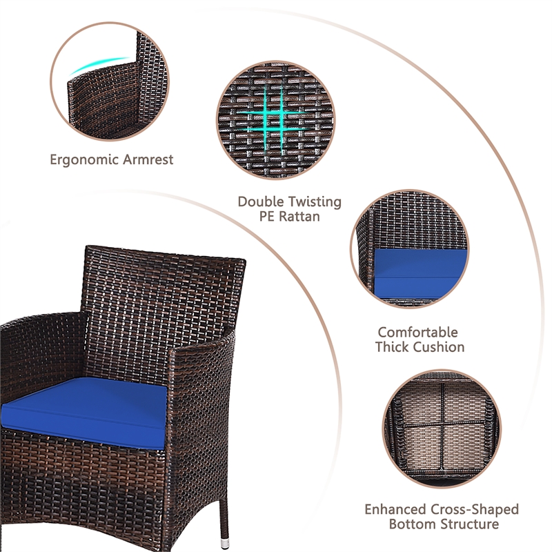 Outdoor 3 PCS Rattan Wicker Furniture Sets Navy