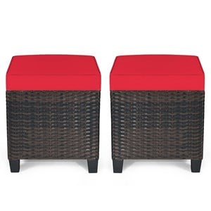 2PCS Patio Rattan Ottoman Cushioned Seat Foot Rest Red